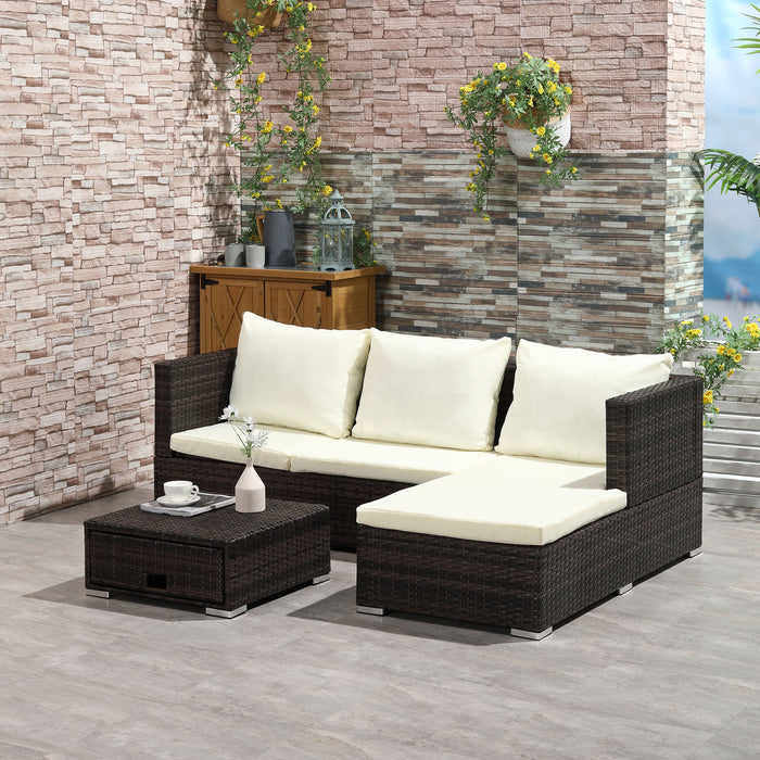 4-Seater Rattan Garden Furniture Set - Wicker Sofa Storage with Coffee Table, Cushioned Brown Weave - Ideal for Conservatory & Outdoor Lounging