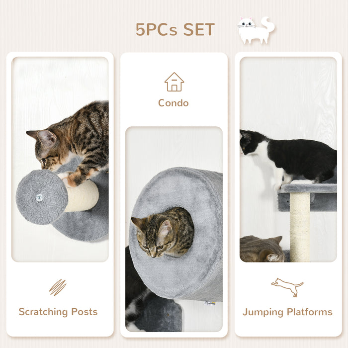 5Pcs Wall-Mounted Cat Tree Combo - Perch, Condo, and Scratching Post in Grey - Ideal for Indoor Cats' Play and Lounge