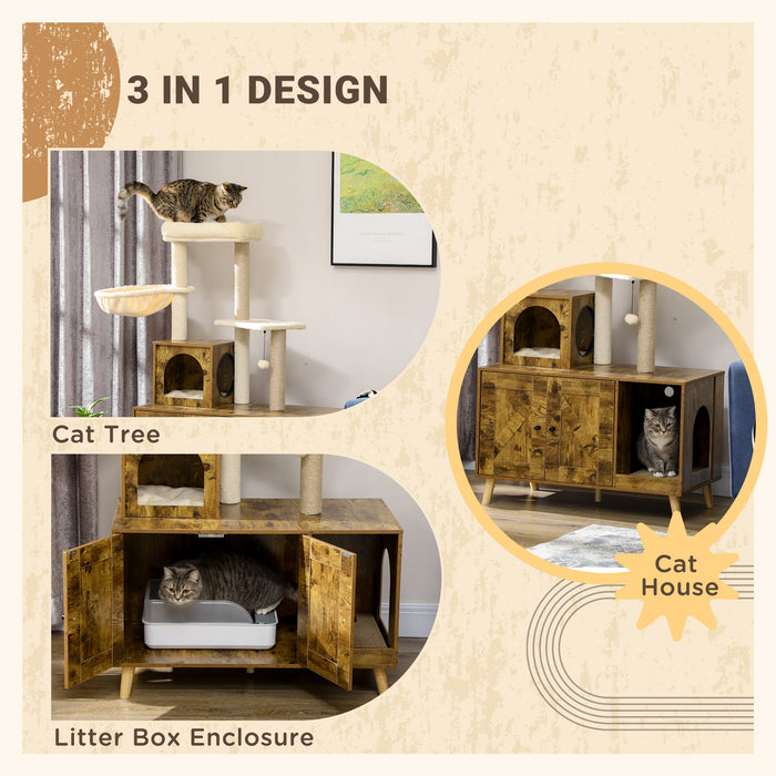 Rustic Brown Multi-Functional Cat Litter Box Enclosure - Includes Tree Tower, Hammock, & Cozy Cushion - Stylish House & Activity Center for Cats