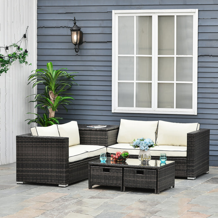 4-Seater Rattan Garden Furniture Set - Patio Corner Sofa with Storage & Coffee Table with 2 Drawers - Weather-Resilient Outdoor Seating for Family and Entertaining