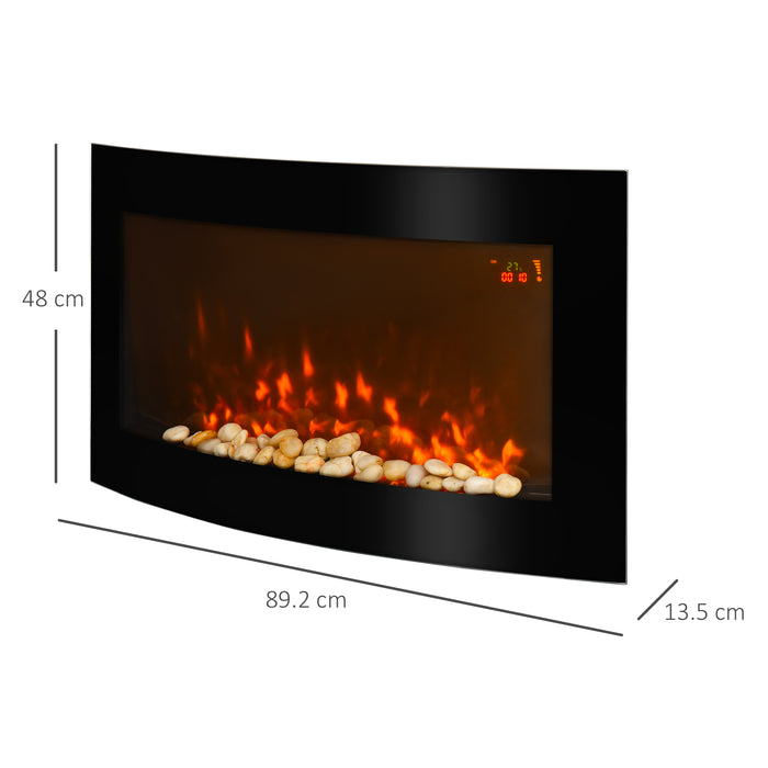 Curved Glass LED Electric Fireplace with 7 Colour Side Lights - Wall Mounted, Slimline Design, 1000/2000W Heating - Enhances Ambiance for Modern Homes, Size 89.2cm x 48cm