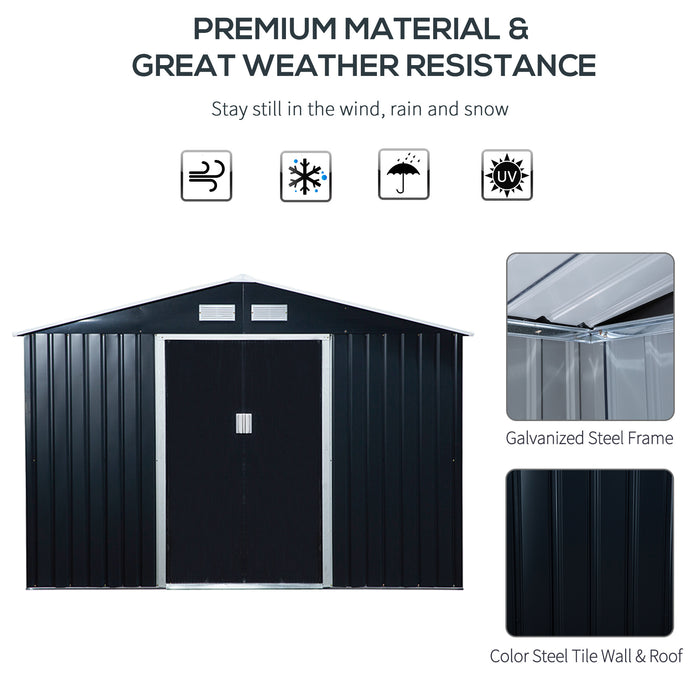 Outdoor Garden Roofed Metal Storage Shed 9x6FT - Tool Box with Foundation, Ventilation, and Doors in Dark Grey - Ideal for Equipment and Tool Organization