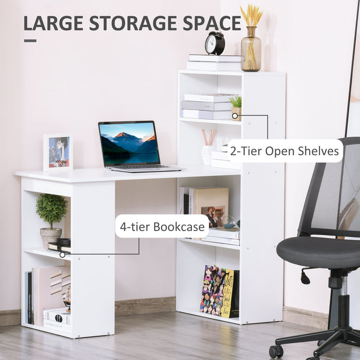 120cm Modern Computer Desk with Bookshelf - Writing Table & Workstation for PC, Laptop with 6 Shelves - Ideal for Study and Home Office Use in White