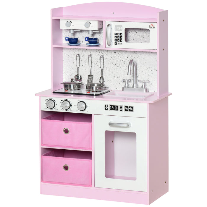 Interactive Wooden Play Kitchen Set with Functional Lights & Sounds - Includes Coffee Maker, Microwave, Sink, Utensils & Storage Bins - Perfect for Children's Imaginative Pretend Play in Pink