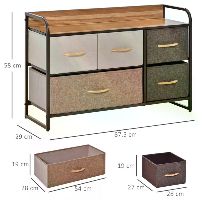 Linen Fabric 5-Drawer Dresser - Bedroom Hallway Storage Organizer with Sturdy Steel Frame & Wooden Top - Elegant Tower Unit for Home Organization