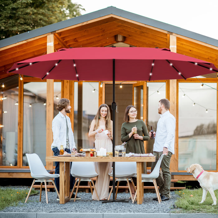 Double-Sided 4.4m Solar LED Outdoor Umbrella - Wine Red Sun Shade Parasol for Garden and Patio - Ideal for Day/Night Relaxation, Base Not Included