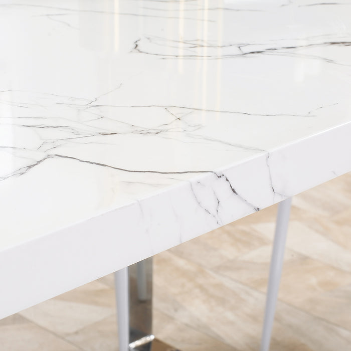 Marble Effect Dining Table - Rectangular 155 cm with Sturdy Steel Legs - Suits 6-8 Guests Perfect for Kitchen and Dining Spaces