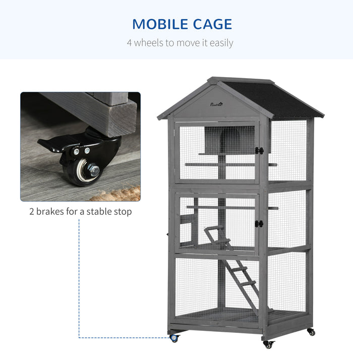 Wooden Aviary Bird Cage with Wheels - Spacious Habitat for Canaries, Cockatiels, Parrots with Perches, Nest, Ladder, Slide-out Tray - Ideal for Home Pet Birds, 86x78x180cm, Dark Grey