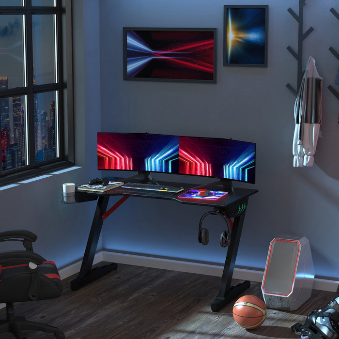 Gaming Desk with LED Ambiance - Z-Shaped Workstation with Built-in Cup Holder and Headphone Hook - Perfect for Home Office and Gaming Enthusiasts