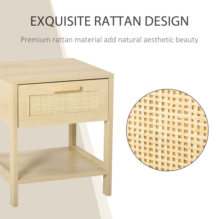 Rattan Nightstand with Drawer - Bedroom Bedside End Table with Storage Shelf - Chic Living Room Organizer & Space Saver