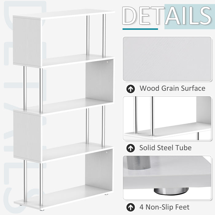 S-Shaped Wooden Bookshelf - Multi-Tier Storage Display Unit in White - Ideal for Organizing Books and Decor in Style