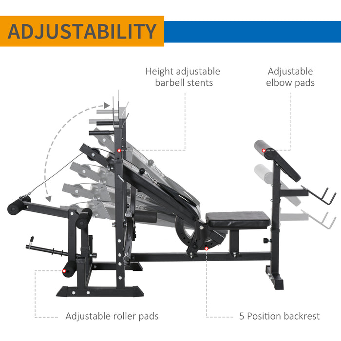 Multi-Exercise Workout Station - Full-Body Weight Rack, Bench Press, Leg Extension, Chest Fly, Resistance Band, Preacher Curl - Ideal for Home Gym and Fitness Enthusiasts