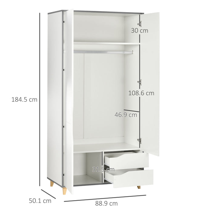 2-Door Wardrobe with Drawers and Hanging Rail - Ample Storage Organizer with Shelves for Bedroom - Ideal for Clothing and Accessories Organization, 89x50x185cm, White