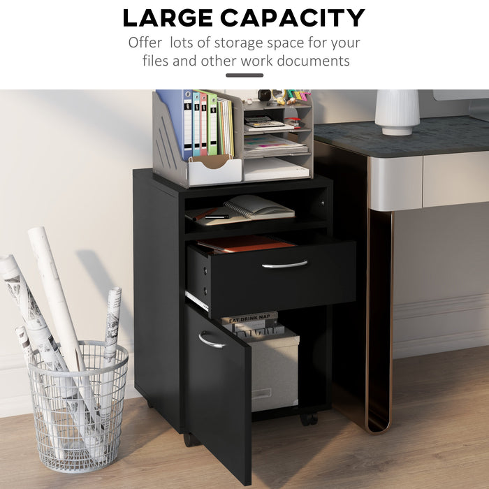 Mobile Printer Storage Cabinet with Drawer - 60cm Office Organizer with Open Shelf and Metal Handles - Easy-to-Move Unit on 4 Wheels for Home Office