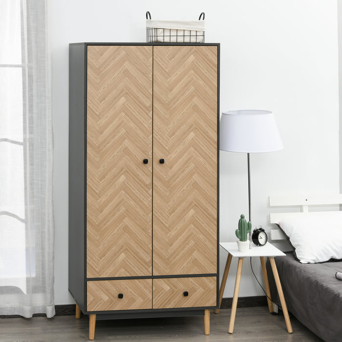 Modern Wood Grain Wardrobe with Storage - Cabinet Sticker Finish, Shelving, Hanging Rod, Dual Drawers - Spatial Solution for Clothes & Accessories, 90x50x190 cm