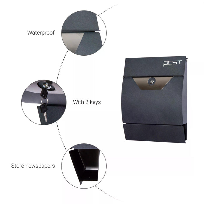 Lockable Steel-Grey Mailbox - Secure Wall-Mounted Postal Box for Outdoor Use - Ideal for Home & Office Mail Protection