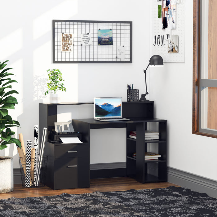 Modern PC Workstation with Printer Shelf - Home Office Computer Desk with Storage Drawer and Shelves - Efficient Writing Table for Professionals and Students