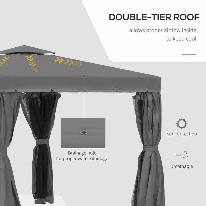 3x3m Patio Gazebo - Water-Repellent Double Tiered Roof Marquee with Mosquito Netting and Curtains in Dark Grey - Outdoor Shelter for Garden Events and Gatherings