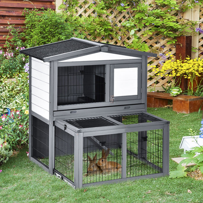 Wooden 2-Tier Rabbit Hutch with Ramp - Small Animal Cage with Slide-Out Tray and Openable Roof, Outdoor Run - Ideal for Rabbits and Small Pets, Grey, 101.5 x 90 x 100 cm