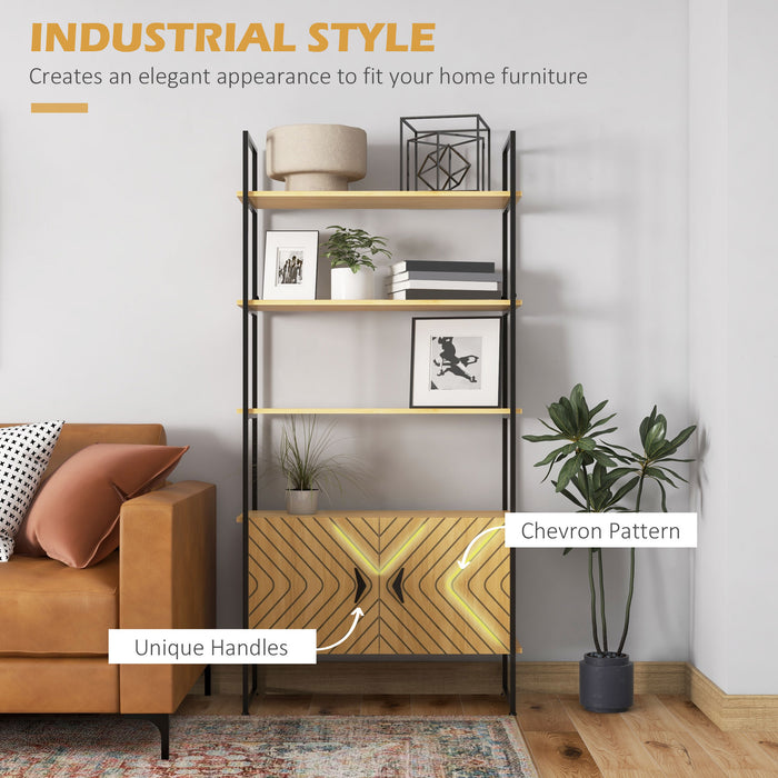 4-Tier Industrial Bookshelf with Cabinet - Oak-Toned Shelving Unit with Metal Frame and Double Doors - Versatile Storage for Living Room or Bedroom