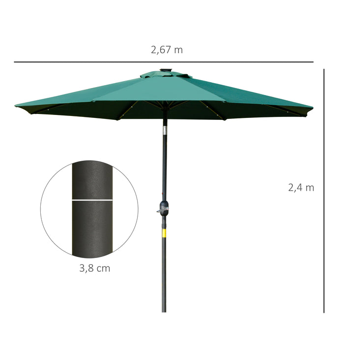 Patio LED Umbrella with Push Button Tilt/Crank - 2.7m Garden Parasol with 8 Rib Sun Shade, Green - Outdoor Table Market Umbrella for Sun Protection