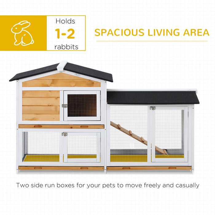 2-Tier Rabbit Hutch - Spacious Wooden Pet Cage with Sliding Tray and Ramp for Guinea Pigs and Small Animals - Outdoor Use, 157.4x53x93.5cm, Yellow