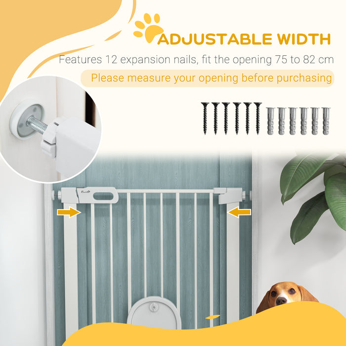 Pressure Fit Double Locking Pet Safety Gate, 75-82cm - Includes Cat Flap for Doorways and Hallways, White - Ideal Barrier for Pets and Small Animals