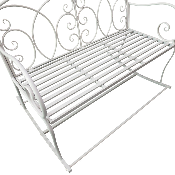 2-Person Patio Rocking Bench - Steel Frame Outdoor Loveseat with Ornate Backrest - Ideal for Garden or Porch Relaxation in Classic White