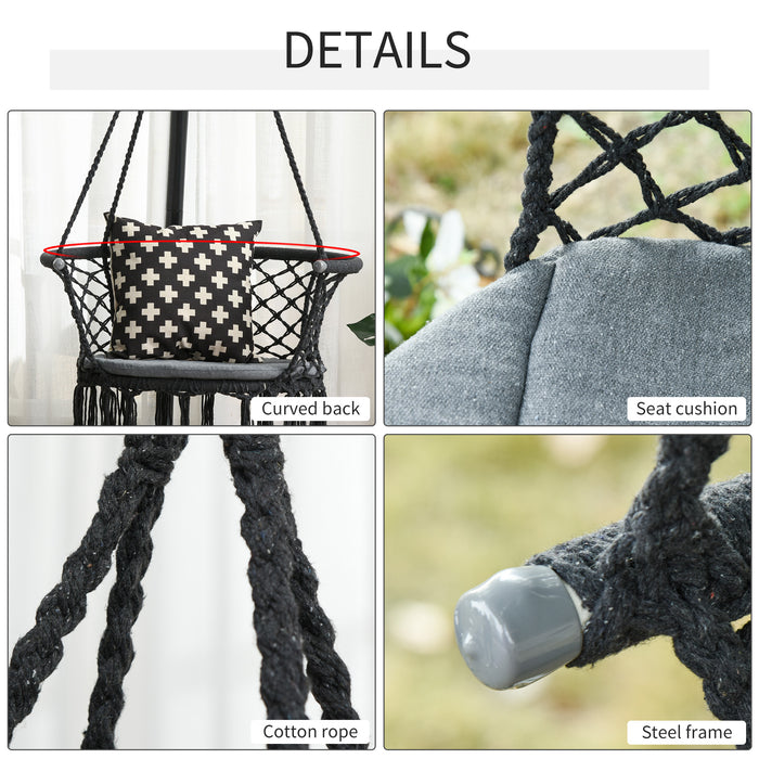 Cotton Rope Hanging Hammock Chair with Cushioned Metal Frame - Large Macrame Porch Swing for Patio and Home Decor - Cozy Swing Seat for Relaxation in Bedroom, Living Room, Dark Grey