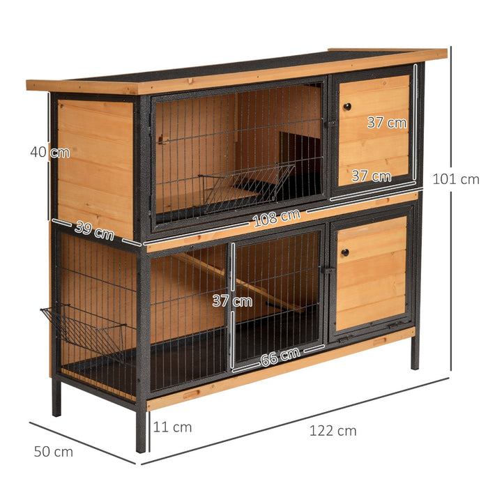 2-Floor Wooden Guinea Pig Hutch with Metal Frame - Bunny Cage with Slide-Out Tray, Feeding Trough, Ramp & Lockable Door - Easy Access Openable Roof for Small Pet Comfort & Security