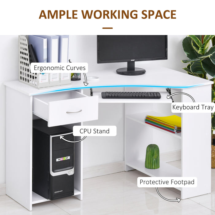 L-Shaped Desk with Keyboard Tray and CPU Stand - White Corner Computer Desk with 2 Shelves & Drawer for Work and Study - Ideal for Home Office and Bedroom Use