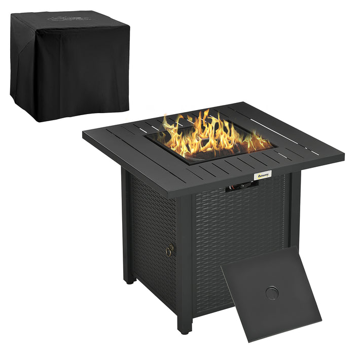 Outdoor Smokeless Rattan-Style Gas Fire Pit - 50,000 BTU Square Patio Heater with Safety Thermocouple - Includes Waterproof Cover for All-Weather Protection