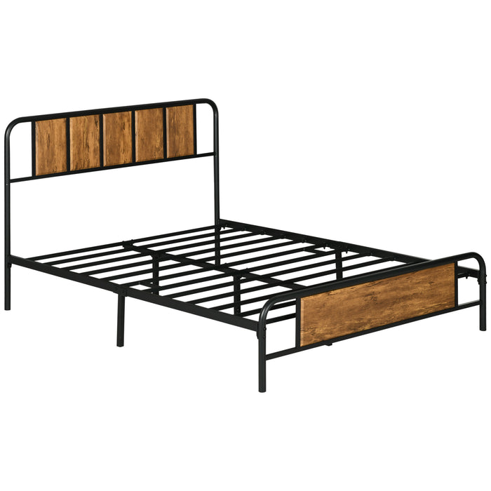 Double Bed Frame with Headboard and Footboard - Industrial-Style Steel Slat Base, Under-Bed Storage - Ideal for Rustic Bedroom Decor, 145 x 199cm