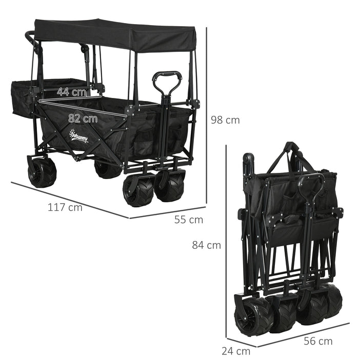 Beachcomber All-Terrain Folding Wagon - 4-Wheel Storage Trolley Cart with Handle and Overhead Canopy - Portable Push-Pull Trailer for Camping and Beach Outings, Black