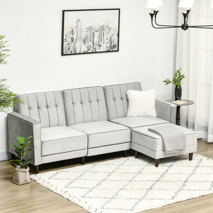 L-Shape Sleeper Sofa Set with Matching Ottoman - 3-Seater Convertible Couch and Footrest in Light Grey - Ideal for Living Room and Space Optimization