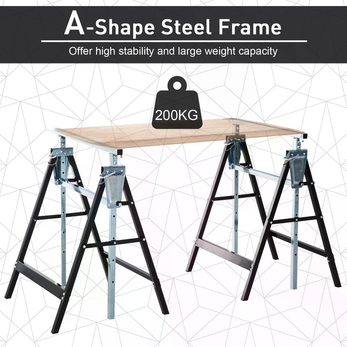 Adjustable Telescopic Builders Trestles, Set of 2 - DIY Steel Work Benches and Foldable Saw Horse, Black - Ideal for Carpenters and Construction Work