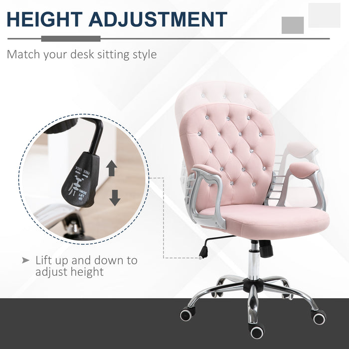 Ergonomic 360° Swivel Office Chair - Diamond Tufted Design, Velour Padded Seat, 5 Castor Wheels - Comfortable Home Work Seating in Pink