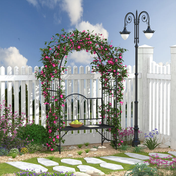 Outdoor Metal Garden Arch with Integrated Bench - Rose Trellis Pergola Design for Climbing Plants - Antique-Style 2-Seater Patio Seating for Relaxation and Garden Beautification