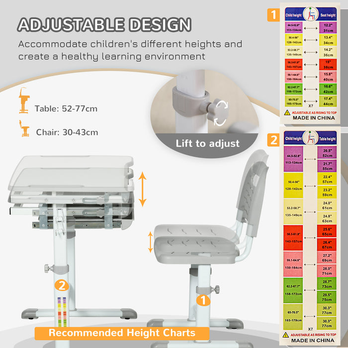 Adjustable Kids Desk & Chair Set - Ergonomic Student Writing and Study Table with Tilting Desktop, Grey - Ideal for Homework and Art Projects