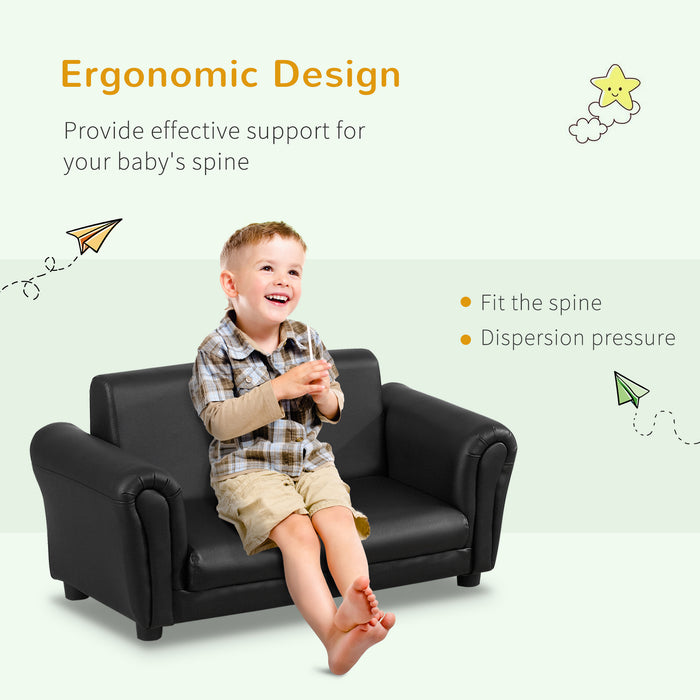 Kids Twin Sofa with Footstool - 2 Seater Toddler Chair in Black, Children's Double Seat Armchair - Perfect Couch for Boys and Girls Lounging and Play