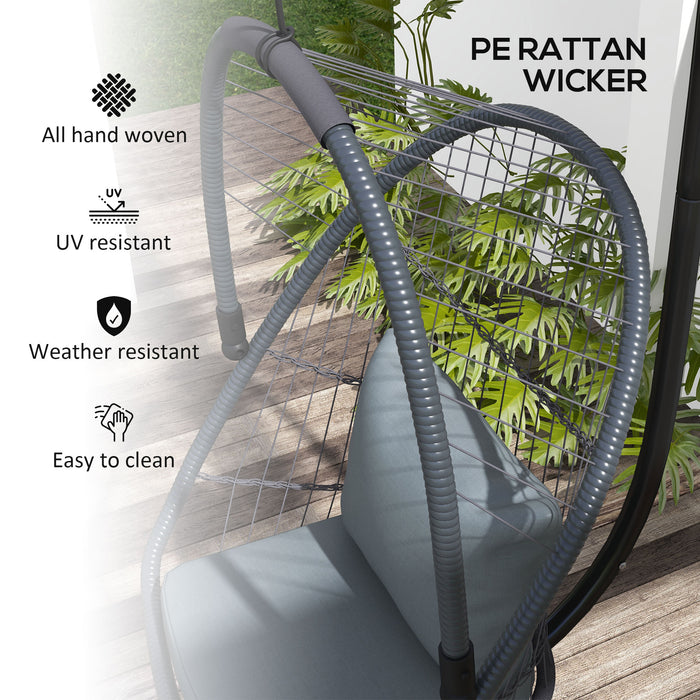 PE Rattan Swing Chair with Cushion - Foldable Patio Hanging Chair with 360° Spring Hook and Height Adjustable Chain - Ideal for Outdoor Relaxation and Comfort