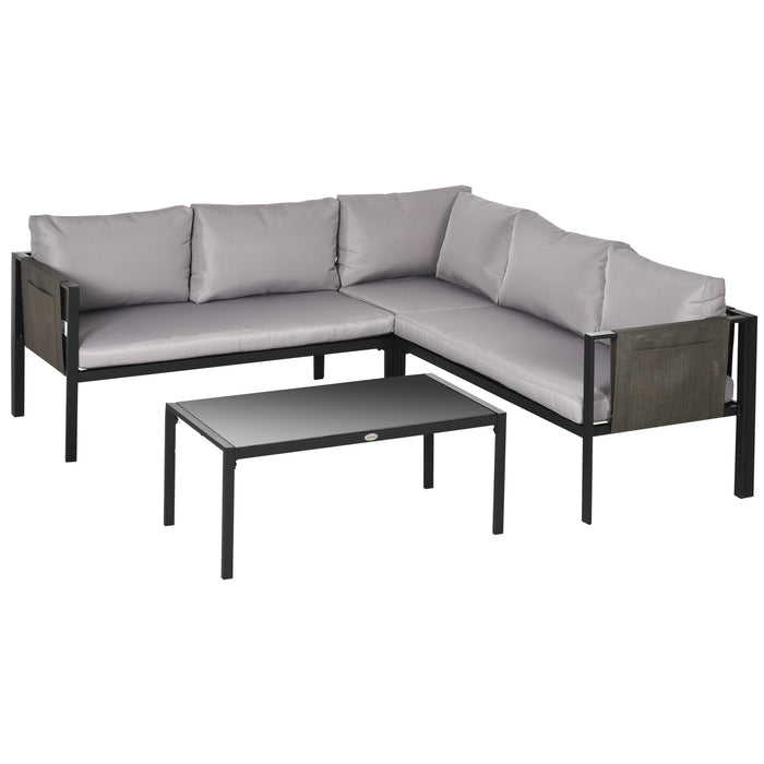 4-Piece Metal Garden Lounge Set with Tempered Glass Coffee Table - Cushioned Corner Sofa and Loveseat for Outdoor Comfort - Perfect for Patio Conversation and Relaxation