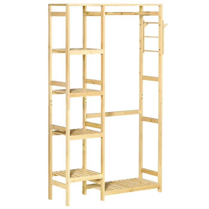 Bamboo Garment Rack with Shelf - Sleek Clothing Organizer with Hanging Rail & Side Hooks - Ideal for Entryway, Bedroom, Bathroom, Office Storage & Organization