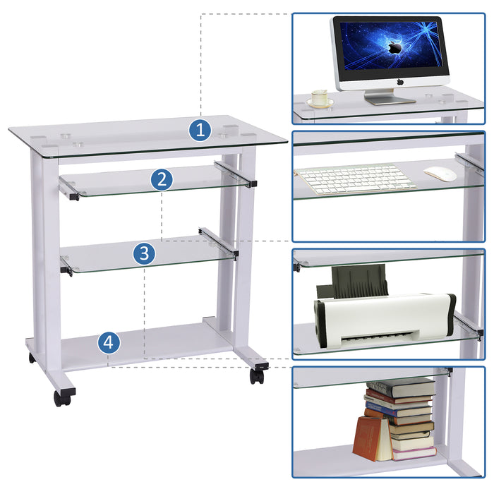 Mobile Glass Computer Desk - Wheeled Laptop Workstation with Sleek White Finish - Ideal for Home Office and Small Spaces