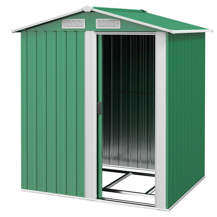 Garden Tool Shed with Sliding Door - Metal Storage Unit with Sloped Roof and Floor Foundation, 152x132x188cm, Green - Ideal Outdoor Organizer for Garden Equipment