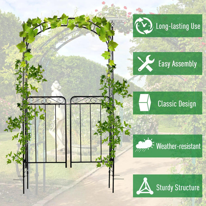 Outdoor Patio Trellis Arbor with Gate - Garden Decorative Metal Arch for Climbing Plants, Antique Black Finish - Ideal for Backyard Entryways and Flower Support, 108L x 45W x 215H cm