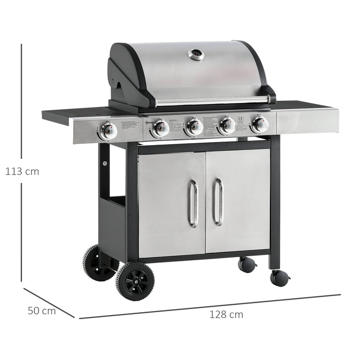 4+1 Gas Burner Barbecue Grill with Side Burner - Outdoor BBQ Trolley, Warming Rack, Side Shelves, Storage Cabinet - Piezo Ignition, Built-In Thermometer for Garden Entertaining