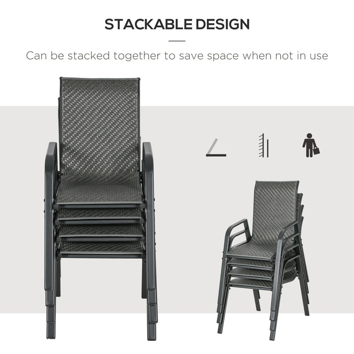 Stackable Rattan Chair Set of 4 - Durable Mixed Grey Outdoor Seating with Armrests and Backrest - Ideal for Patio and Garden Entertaining