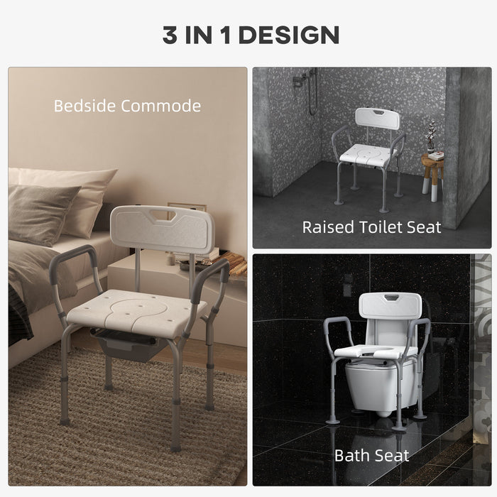 Ergonomic Shower Chair with Adjustable Height – Comfortable Bath Stool with Backrest and Arm Supports, Non-Slip Legs – Safe Bathroom Solution for Seniors with Detachable Commode Bucket