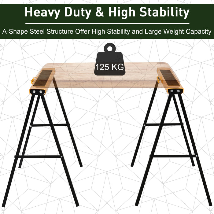 Heavy-Duty Steel Sawhorse Pair - 125kg Capacity with Non-Slip Cushions and Side Grips - Space-Saving Foldable Design for Workshop Organization